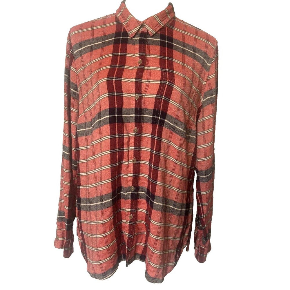 Lucky Brand Womens L  Plaid Red Boyfriend Rayon Button Up Soft Pocket Long Slv